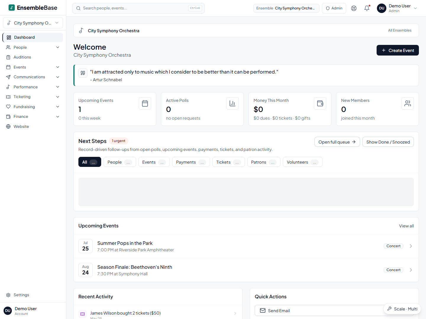 EnsembleBase admin dashboard surfacing follow-ups and open items, including outstanding member balances.