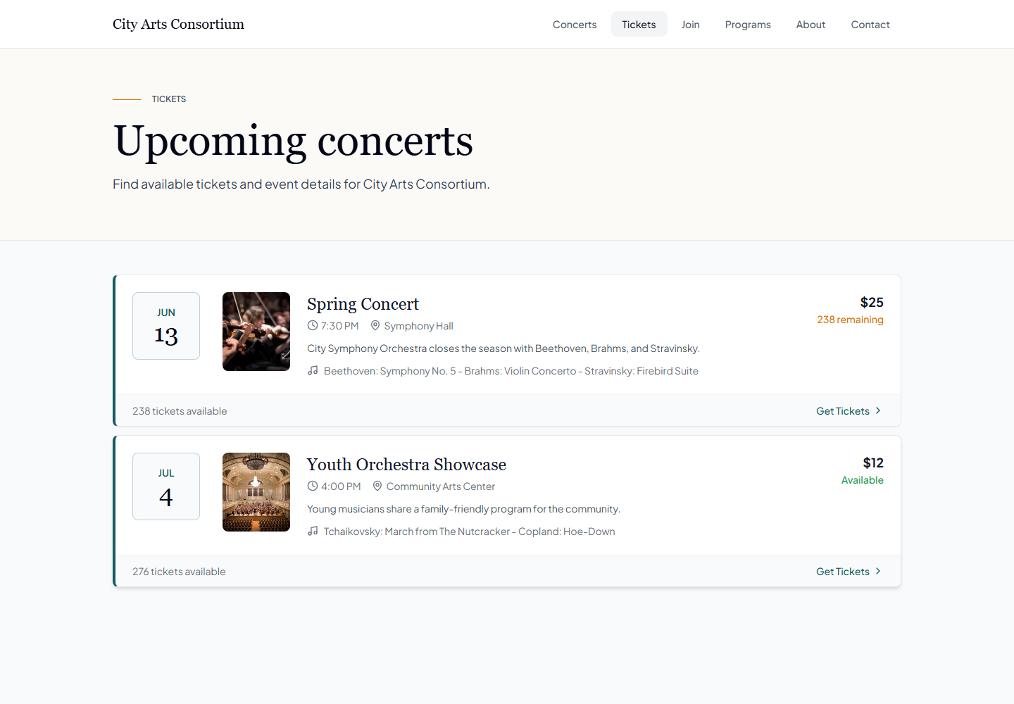 Public concert ticketing page generated from EnsembleBase showing upcoming concerts and ticket availability.