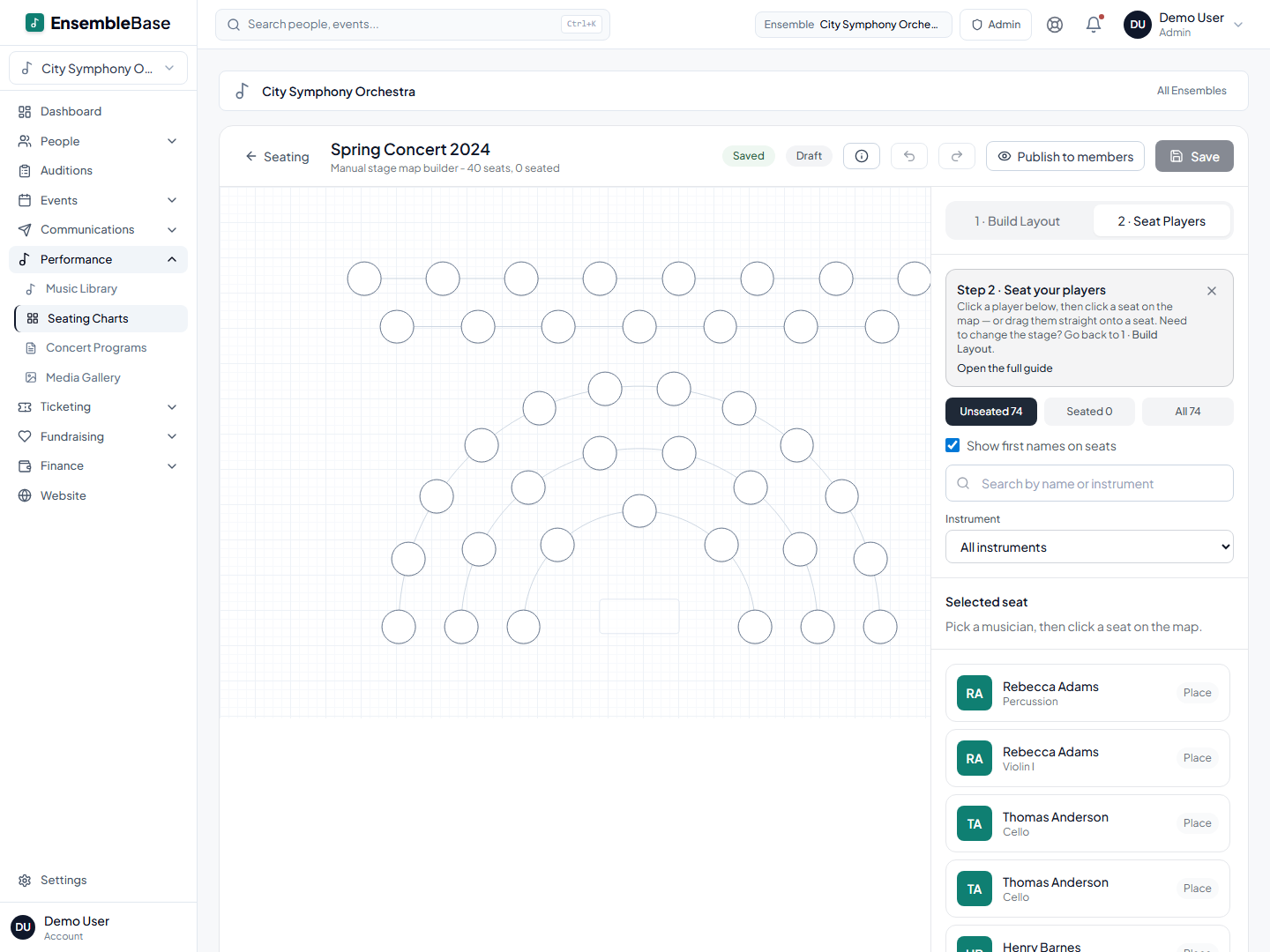 EnsembleBase stage-map builder showing curved seat rows on a stage canvas with the roster panel beside it: unseated players, search, and instrument filters.