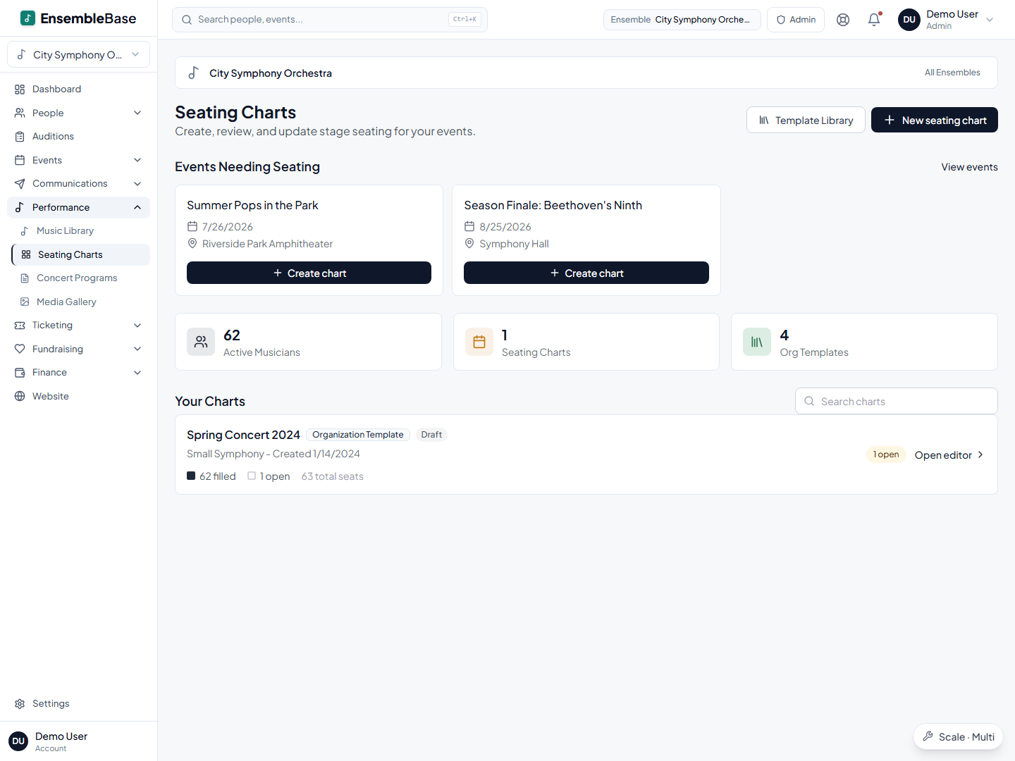 EnsembleBase seating charts view showing events that need seating, chart fill status, and layout templates.