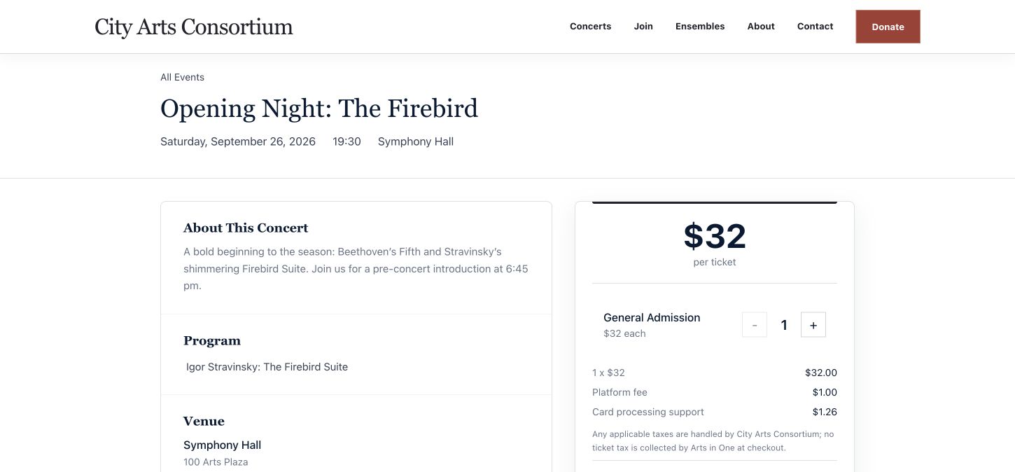 Arts in One public sample concert ticket page