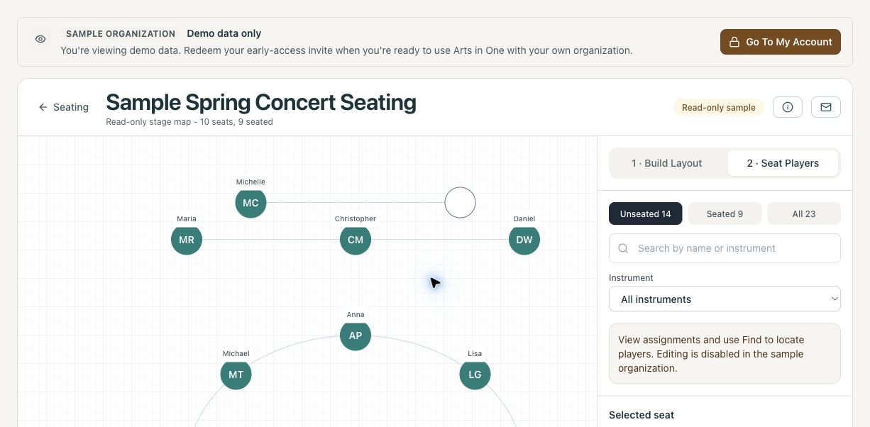 Arts in One sample stage-map builder with seats and a roster panel.